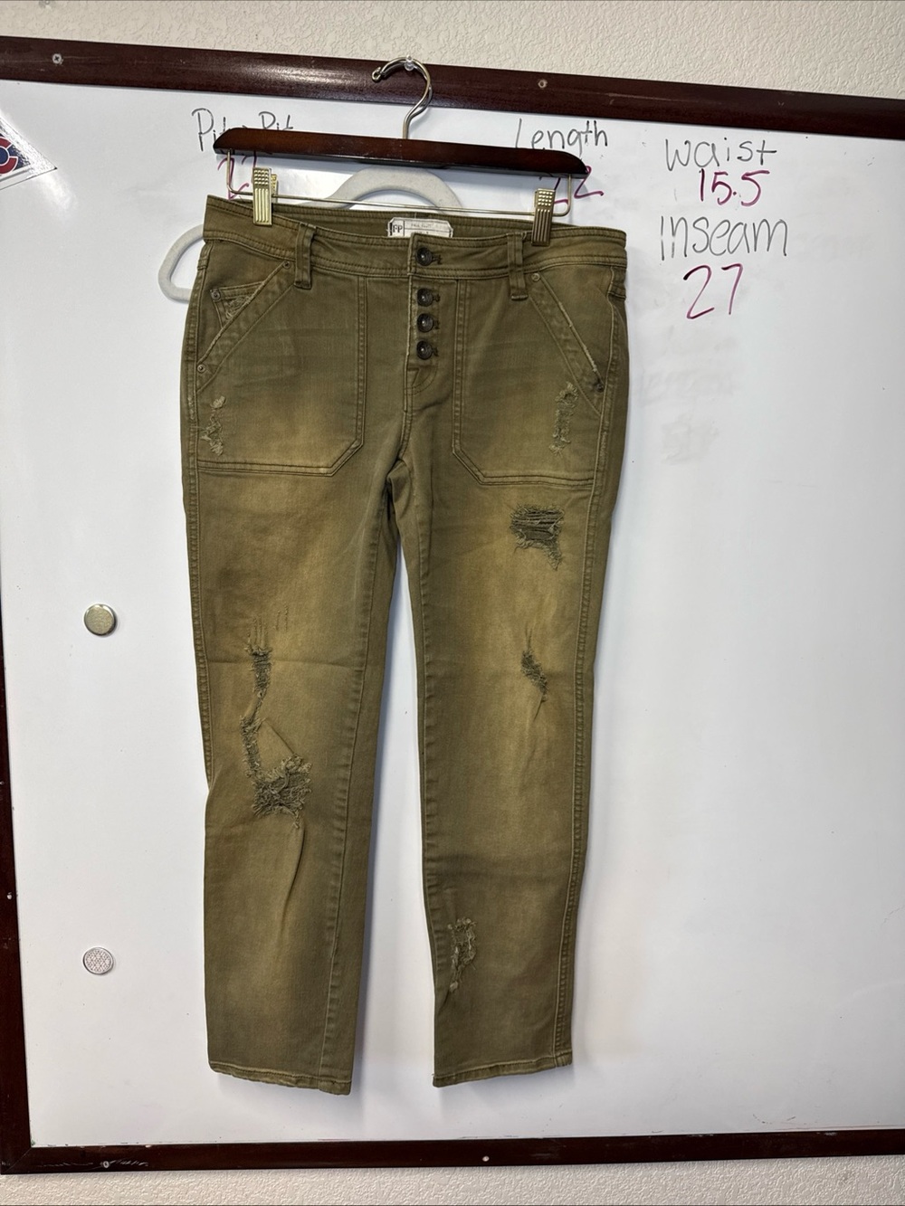 Free People Olive Green Distressed Button-Fly Jeans 2